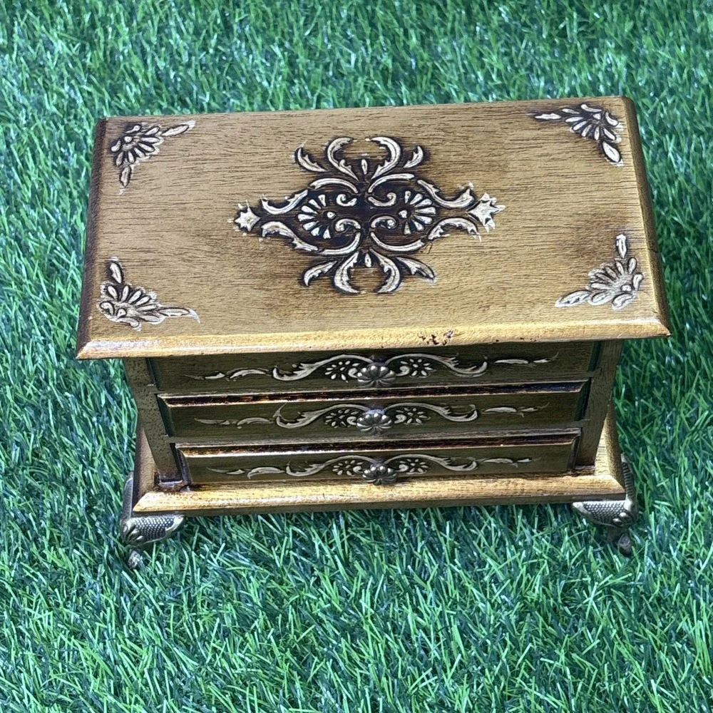 Vintage Florentine Music Jewelry Box Made in Japan Gold Gilt Wood 3 Drawer